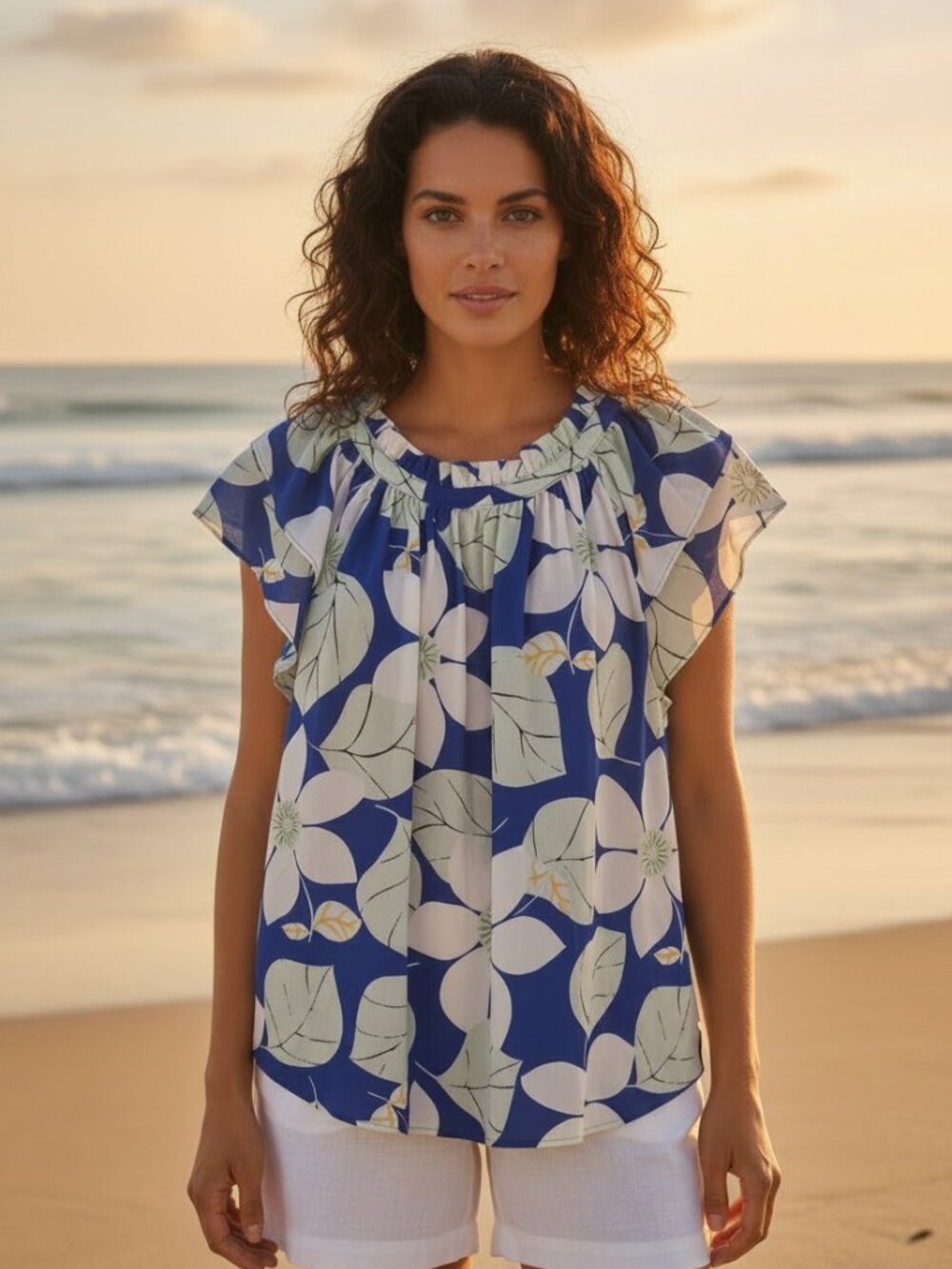 Ann Taylor-Colorful Floral Blue, White, Yellow-Flutter Sleeved Top - Size (L)